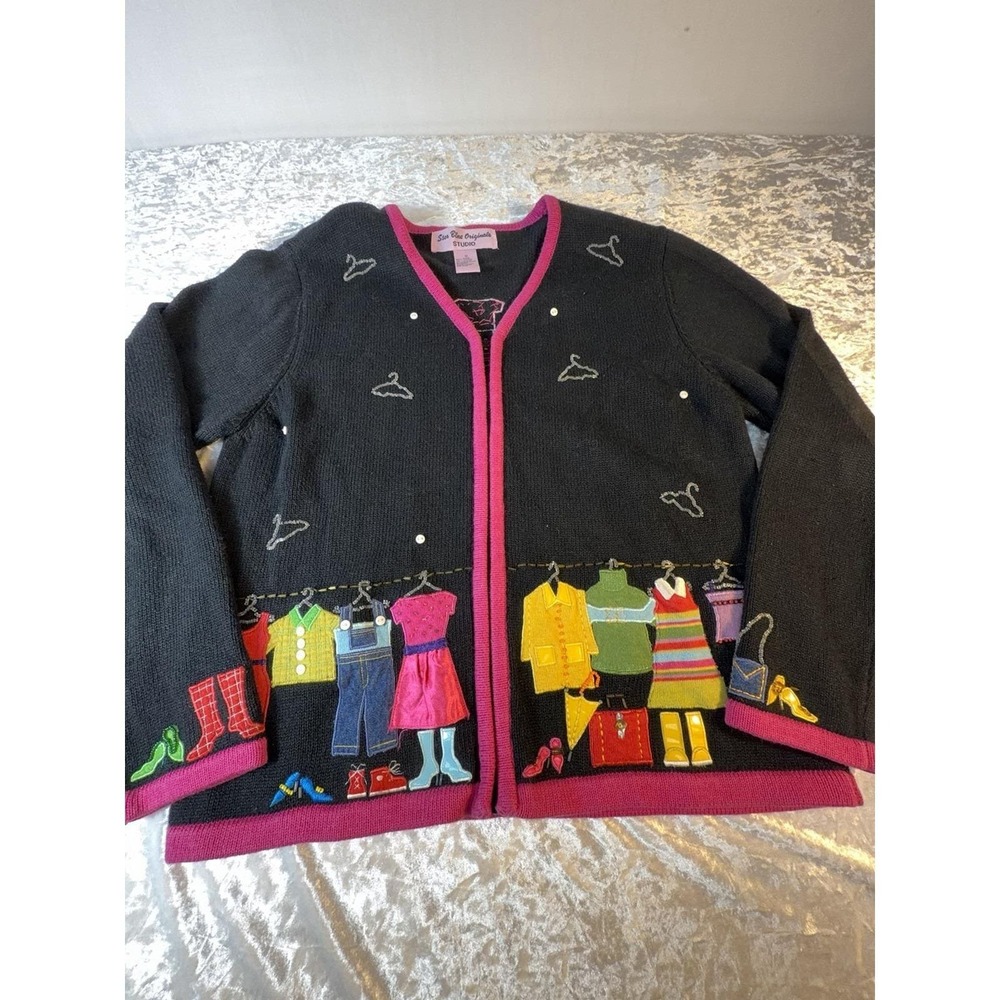 Vintage Star Blue Originals Studio Clothesline Novelty Cardigan Sweater S